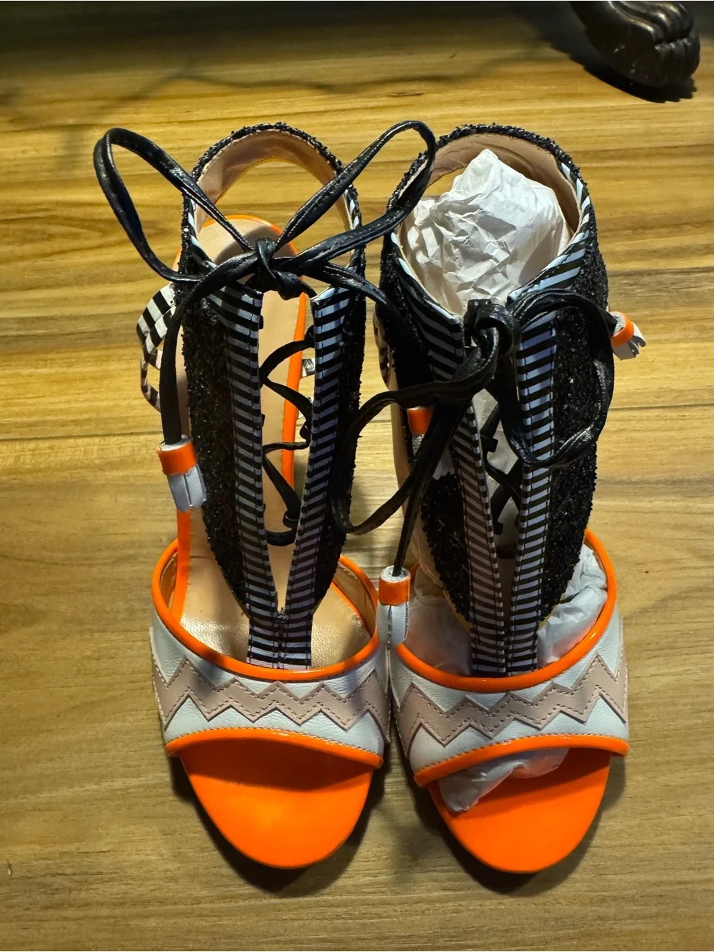Vinci Santa Amaro leather bold High Heel Sandals - Orange, Black & White